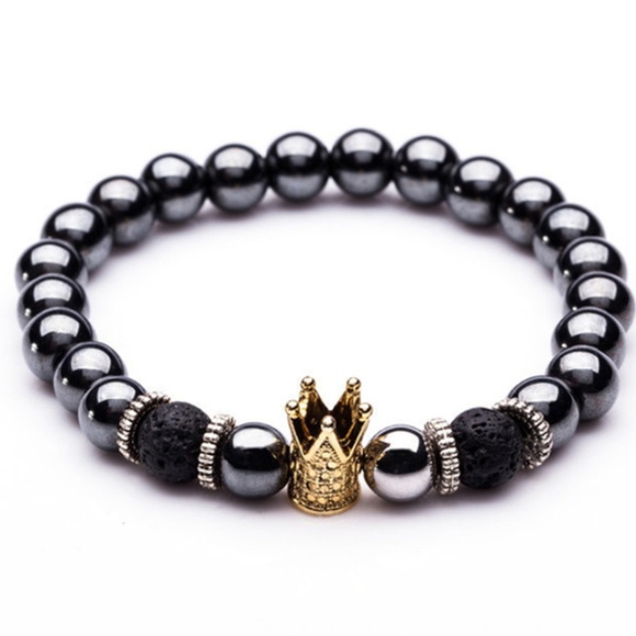 Bead Bracelet Metal Pewter Color With Crown Charm - Picture 1 of 1